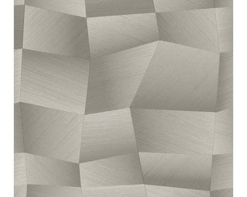 Papier peint intissé gris avec motif géométrique tridimensionnel composé de polygones irréguliers et structure de lignes fines.
