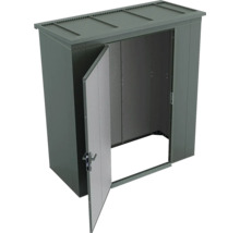 Gartenschrank aus Metall mit einer geöffneten Tür und Flachdach