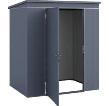 Gerätehaus aus Metall mit Pultdach und einer geöffneten Tür, Anthrazit.