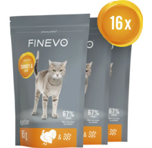 Drei Packungen Finevo Katzenfutter mit Truthahn und Reis, 16er-Pack