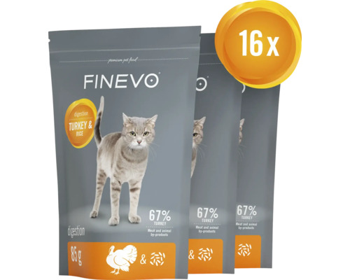 Drei Packungen Finevo Katzenfutter mit Truthahn und Reis, 16er-Pack