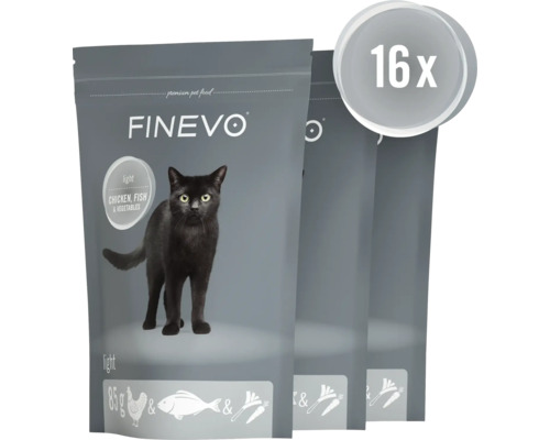 Finevo nourriture pour chats light au poulet, poisson et légumes, pack de 16 sachets fraîcheur de 85 grammes