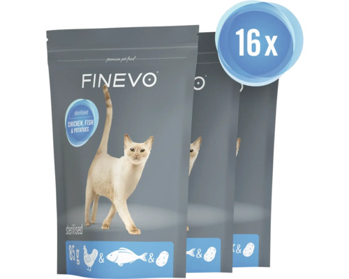 FINEVO Katzenfutter für sterilisierte Katzen, Huhn, Fisch und Kartoffel, 16 mal 85 Gramm Beutel.
