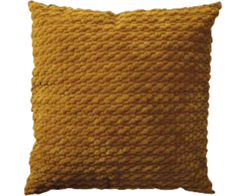 Coussin décoratif carré avec structure à picots en jaune moutarde.