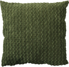 Coussin décoratif carré vert foncé avec une surface texturée à nopes.