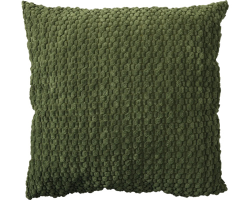 Coussin décoratif carré vert foncé avec une surface texturée à nopes.