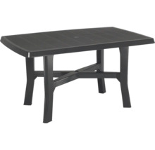 Table de jardin rectangulaire en plastique avec plateau à lattes, trou central pour parasol et entretoise en forme de X.