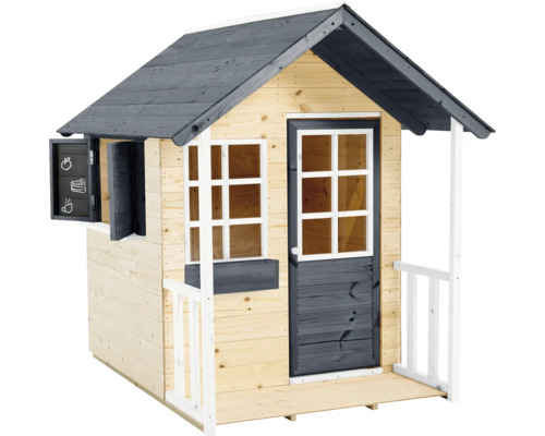 Maisonnette en bois avec porte, fenêtre et tableau noir
