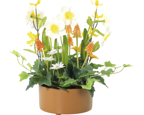 Blumenarrangement mit Narzissen, Traubenhyazinthen und Gänseblümchen in einem Topf