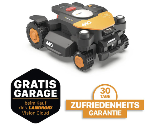 Worx Landroid Vision Cloud Mähroboter mit dem Hinweis Gratis Garage und 30 Tage Zufriedenheitsgarantie