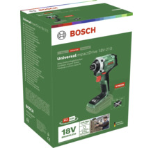 Bosch Akku-Drehschlagschrauber UniversalImpactDrive 18V-210 in der Verpackung mit 18 Volt, bürstenlosem Motor und maximal 210 Newtonmeter Drehmoment.
