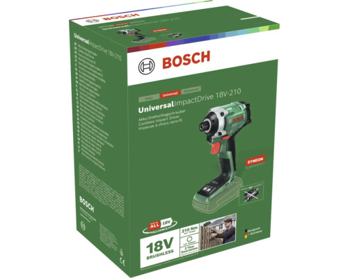 Bosch Akku-Drehschlagschrauber UniversalImpactDrive 18V-210 in der Verpackung mit 18 Volt, bürstenlosem Motor und maximal 210 Newtonmeter Drehmoment.