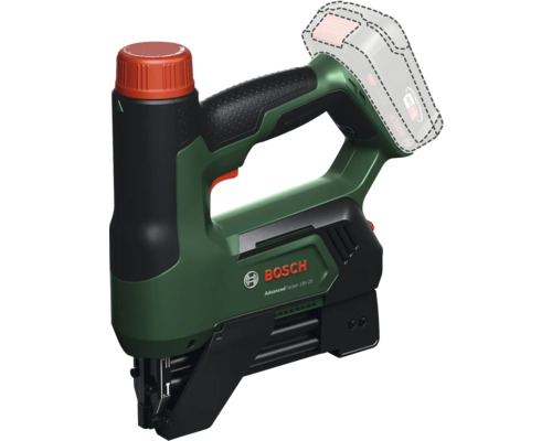 Agrafeuse sans fil Bosch AdvancedTacker 18 Volt-25 en vert et noir avec une molette de réglage rouge.