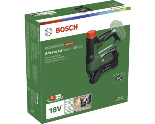 Agrafeuse et cloueuse sans fil Bosch AdvancedTacker 18V-25 en emballage pour agrafes à dos étroit et clous à tête d homme.