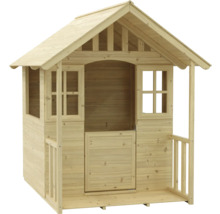 Holzspielhaus mit Dach, Fenstern, Tür und Veranda