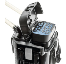 Aquarium Aussenfilter mit geöffnetem Deckel und Filtermedien