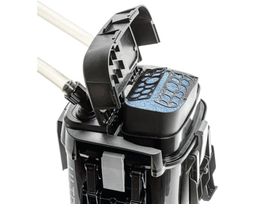 Aquarium Aussenfilter mit geöffnetem Deckel und Filtermedien