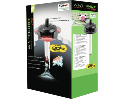 Emballage du réchauffeur de bassin Aquael Winterhot Pro avec thermostat électronique, radiateur en aluminium et 80 pour cent d'économie d'énergie.