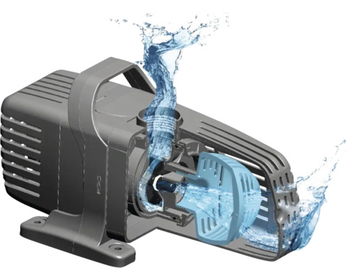 Coupe transversale d'une pompe de bassin en fonctionnement avec débit d'eau