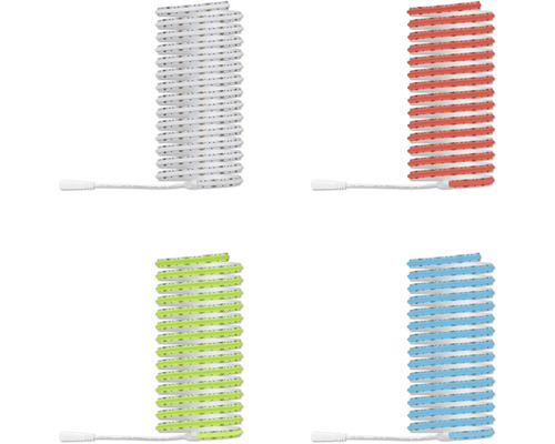Quatre bobines de rubans LED flexibles dans les couleurs de lumière blanc, rouge, vert et bleu avec câbles de connexion.