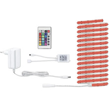Kit de ruban LED comprenant un ruban lumineux enroulé, une télécommande pour le choix des couleurs, un bloc d'alimentation et des câbles.