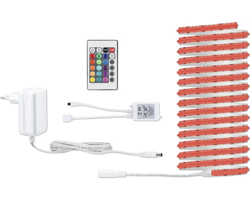 Kit de ruban LED comprenant un ruban lumineux enroulé, une télécommande pour le choix des couleurs, un bloc d'alimentation et des câbles.