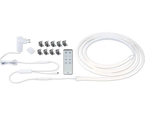 Neon LED-Streifen Set mit flexiblem Lichtschlauch, Fernbedienung, Netzadapter und zehn Montageclips.