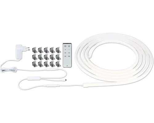LED-Streifen-Set mit flexiblem Lichtband, Fernbedienung, Netzstecker und Montageclips.