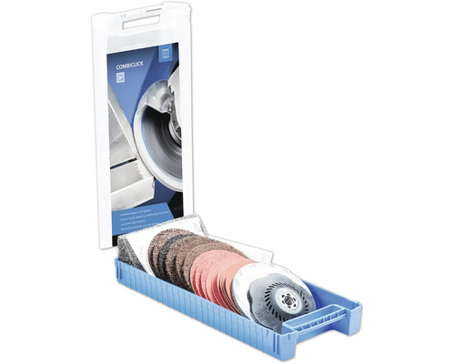 Jeu d abrasifs Pferd Combiclick dans un plateau en plastique bleu avec différents disques abrasifs et un plateau de ponçage.