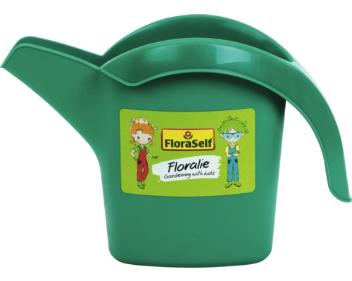 Arrosoir vert en plastique pour enfants avec FloraSelf Logo.