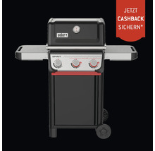 Barbecue à gaz noir Weber Spirit avec trois brûleurs, tablettes latérales, thermomètre de couvercle, roulettes, Weber Logo et offre de remboursement.