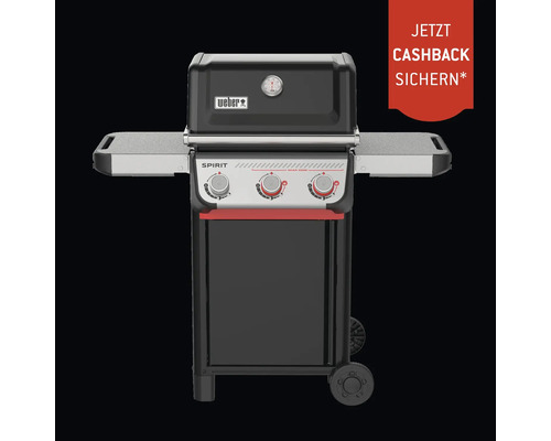 Barbecue à gaz noir Weber Spirit avec trois brûleurs, tablettes latérales, thermomètre de couvercle, roulettes, Weber Logo et offre de remboursement.