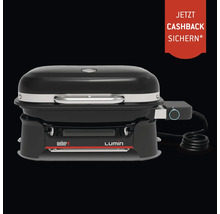 Barbecue électrique Weber Lumin avec couvercle, poignée et régulateur de température et annonce pour une offre de remboursement.