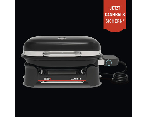 Barbecue électrique Weber Lumin avec couvercle, poignée et régulateur de température et annonce pour une offre de remboursement.