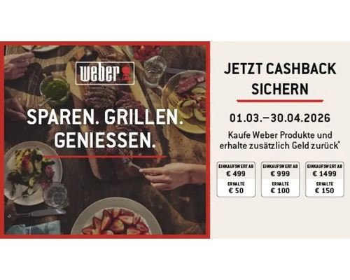 Action cashback Weber du 01.03 au 30.04.2026 à l'achat de produits Weber avec jusqu'à 150 euros remboursés. Logo Weber.