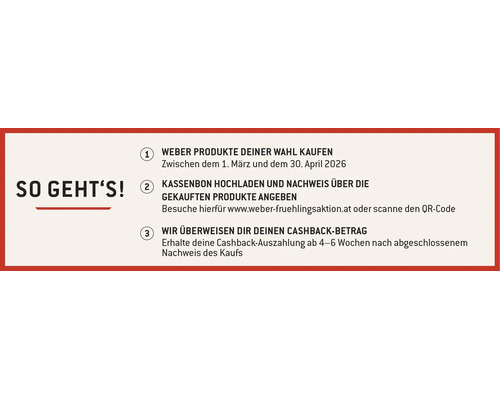 Instructions pour la promotion cashback Weber. Acheter des produits, télécharger le ticket et recevoir le cashback après quatre à six semaines.