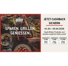Logo Weber. Action cashback du 1er mars au 30 avril 2026 sur les produits Weber. Remboursement entre 50 euros et 150 euros selon la valeur d'achat.