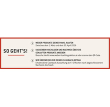 Instructions pour la promotion cashback Weber. Acheter des produits, télécharger le ticket et recevoir le cashback après quatre à six semaines.
