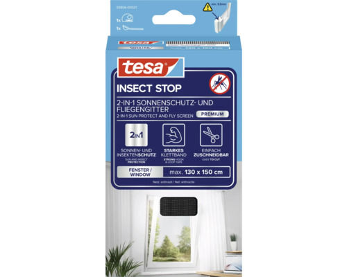 Tesa Insektenschutz und Sonnenschutz Fliegengitter für Fenster, maximal 130 x 150 cm