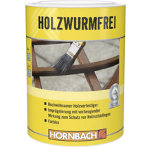 Produit de protection contre les vers du bois dans une boîte jaune avec le logo Hornbach
