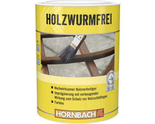 Produit de protection contre les vers du bois dans une boîte jaune avec le logo Hornbach