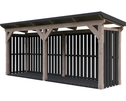 Kaminholzregal aus Holz mit schwarzer Rückwand und Pultdach, dreiteilig.