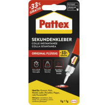 Colle instantanée Pattex Original Liquide, 3 grammes plus 1 gramme gratuit, extra rapide et forte, pour caoutchouc, bois et métal, Henkel Logo.