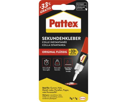 Colle instantanée Pattex Original Liquide, 3 grammes plus 1 gramme gratuit, extra rapide et forte, pour caoutchouc, bois et métal, Henkel Logo.