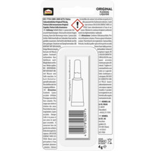 Verso de l'emballage Pattex Colle Instantanée Original Liquide avec Pattex Logo, consignes de sécurité, symbole de danger et code-barres.