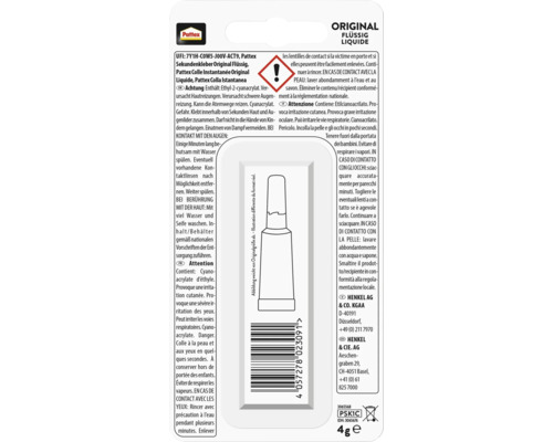 Verso de l'emballage Pattex Colle Instantanée Original Liquide avec Pattex Logo, consignes de sécurité, symbole de danger et code-barres.