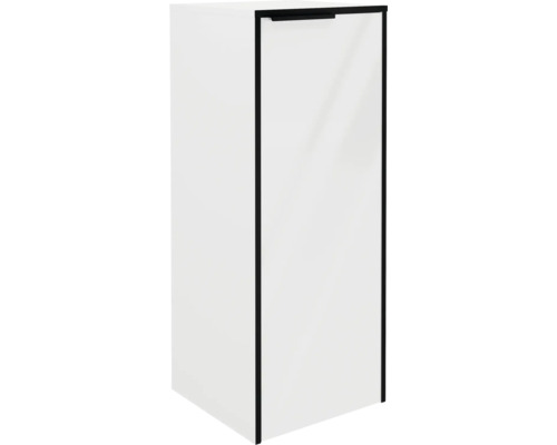 Weißer Badezimmer-Hochschrank mit schwarzem Türrahmen und schwarzem Griff.