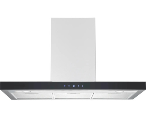 Dunstabzugshaube Wandhaube mit schwarzem Touch-Bedienfeld, digitaler Anzeige und drei Fettfiltern.