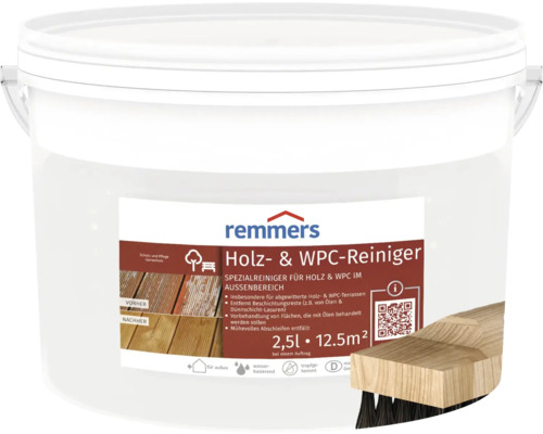 Weißer Eimer mit Remmers Holz- und WPC-Reiniger, Spezialreiniger für den Außenbereich, 2,5 Liter Inhalt.