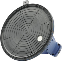 Saugheber mit runder, schwarzer Gummifläche und blauem Gehäuse zur Handhabung glatter Platten.